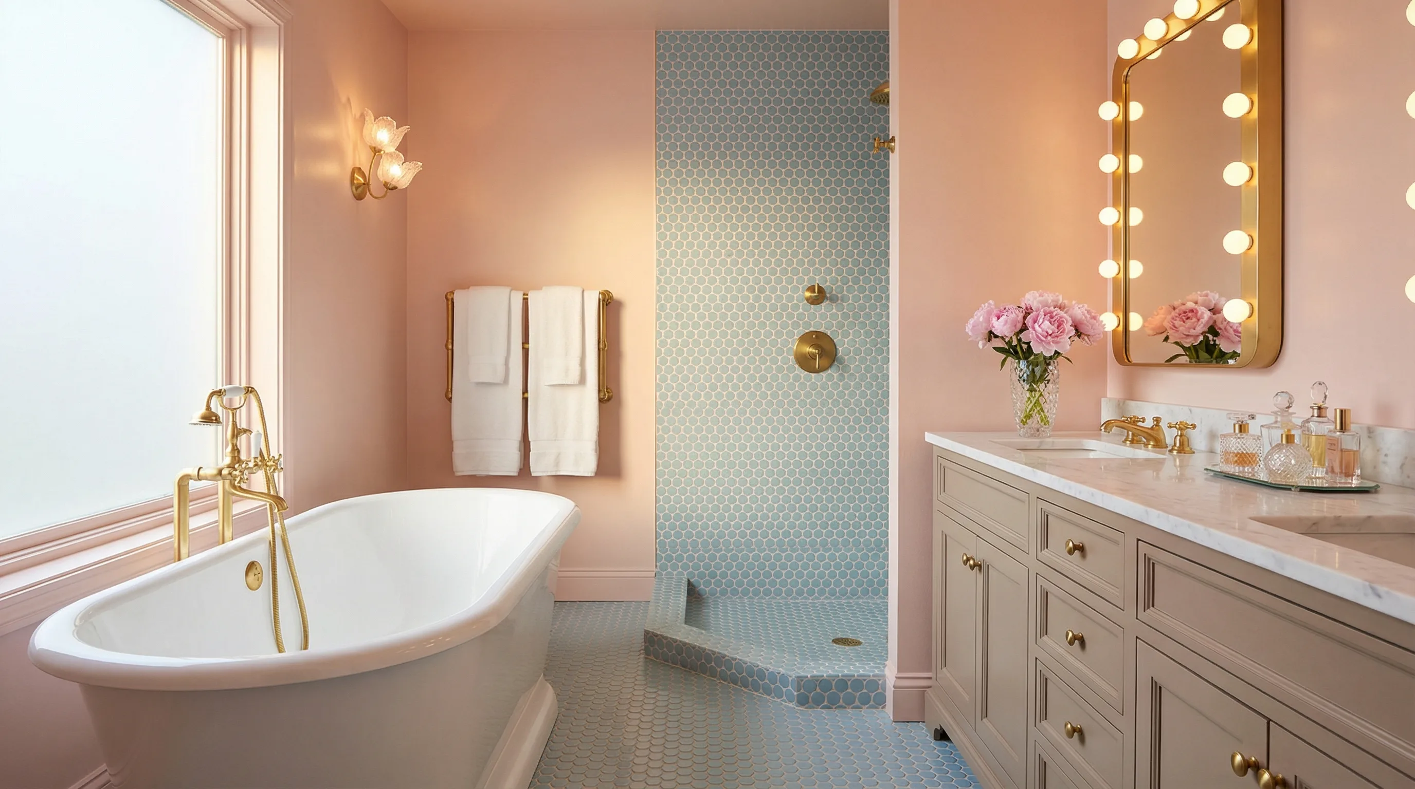 The Clara Suite bathroom with blush pink walls, blue penny tile, Hollywood vanity mirror, and soaking tub