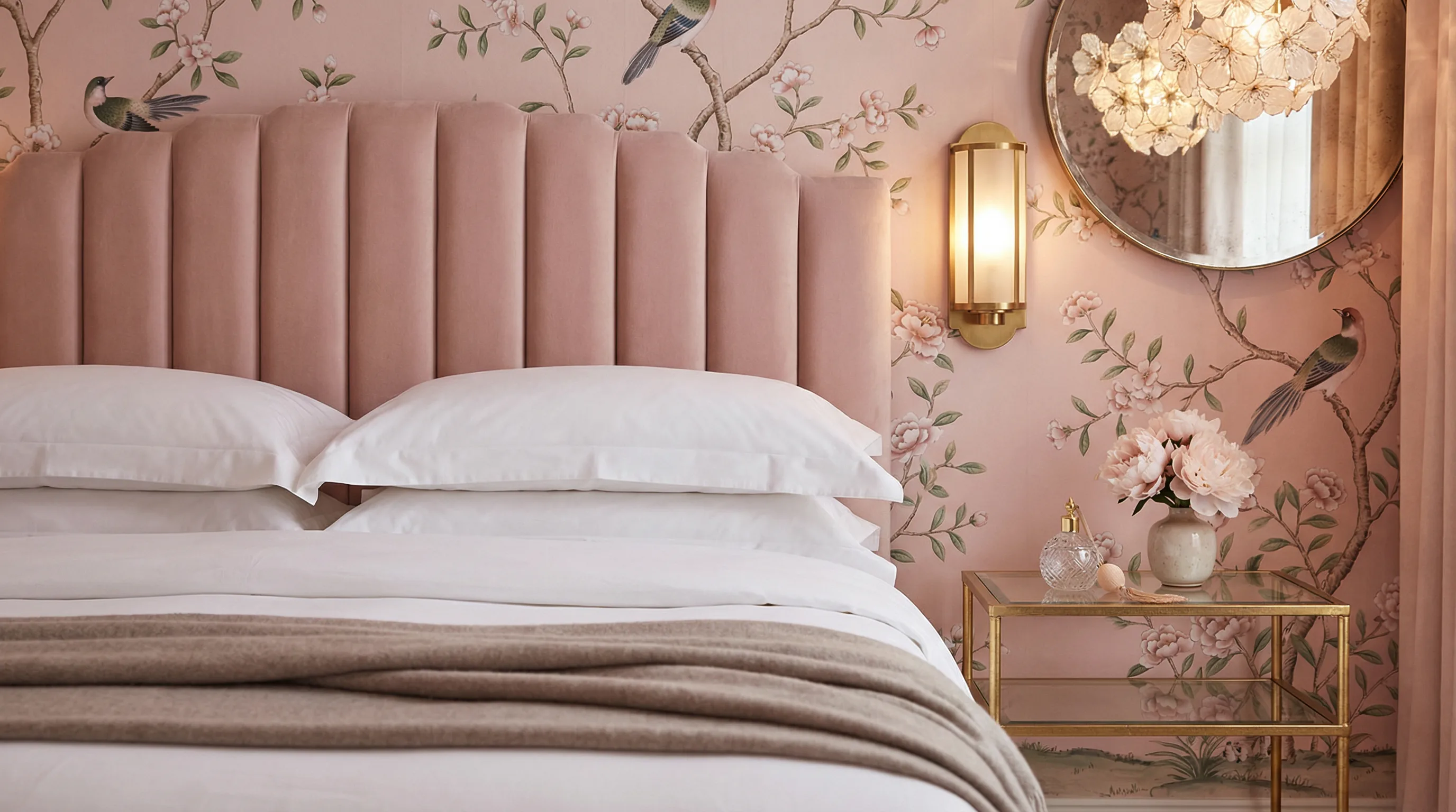 The Clara Suite bedroom with blush pink velvet headboard, chinoiserie wallpaper, and floral chandelier