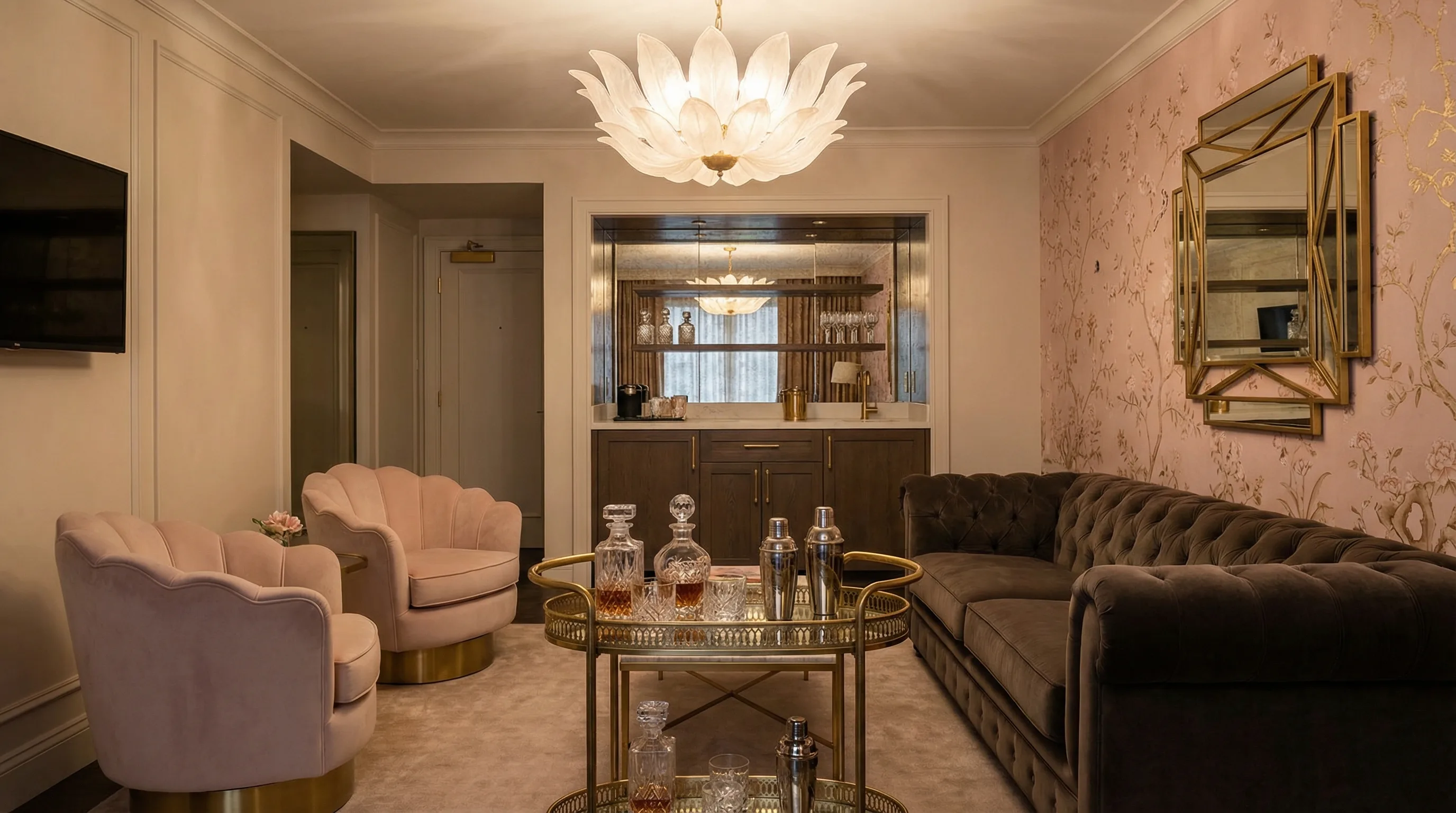 The Clara Suite sitting area with taupe velvet sofa, pink scalloped chair, wet bar, and petal chandelier