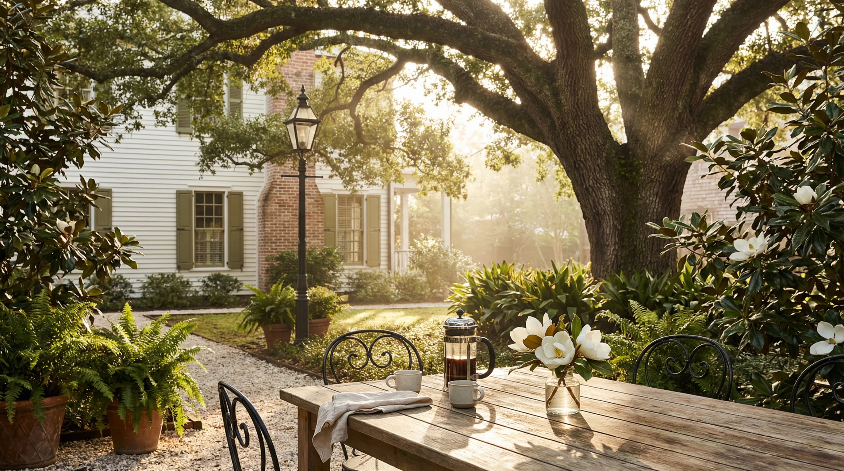 Morning coffee under the oak tree