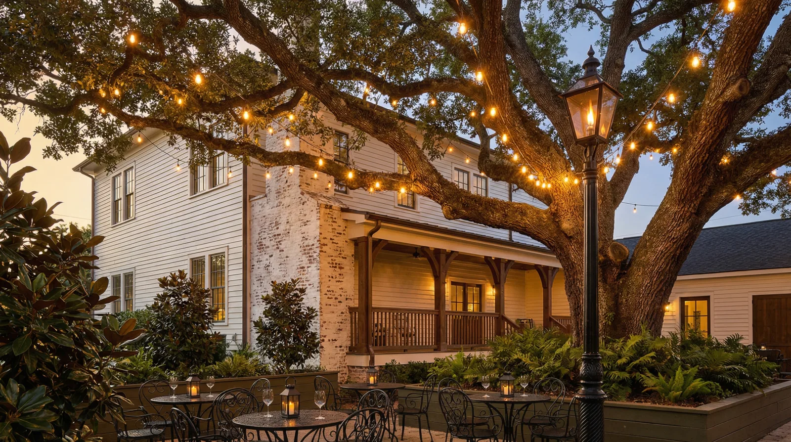 String lights illuminate the courtyard beneath the centuries-old oak tree