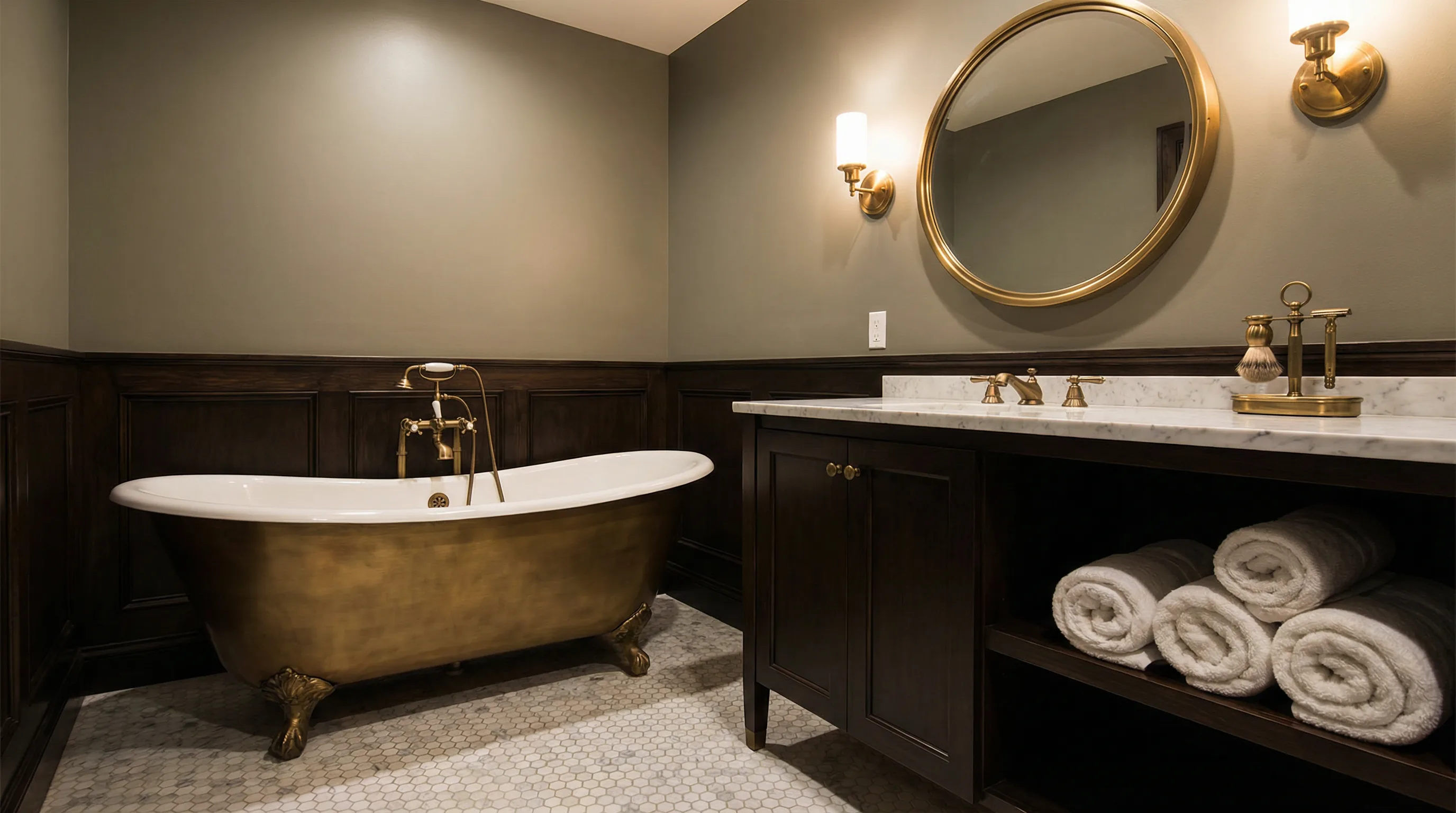 The Ernest Suite bathroom with brass clawfoot tub, dark wood wainscoting, and marble hex tile