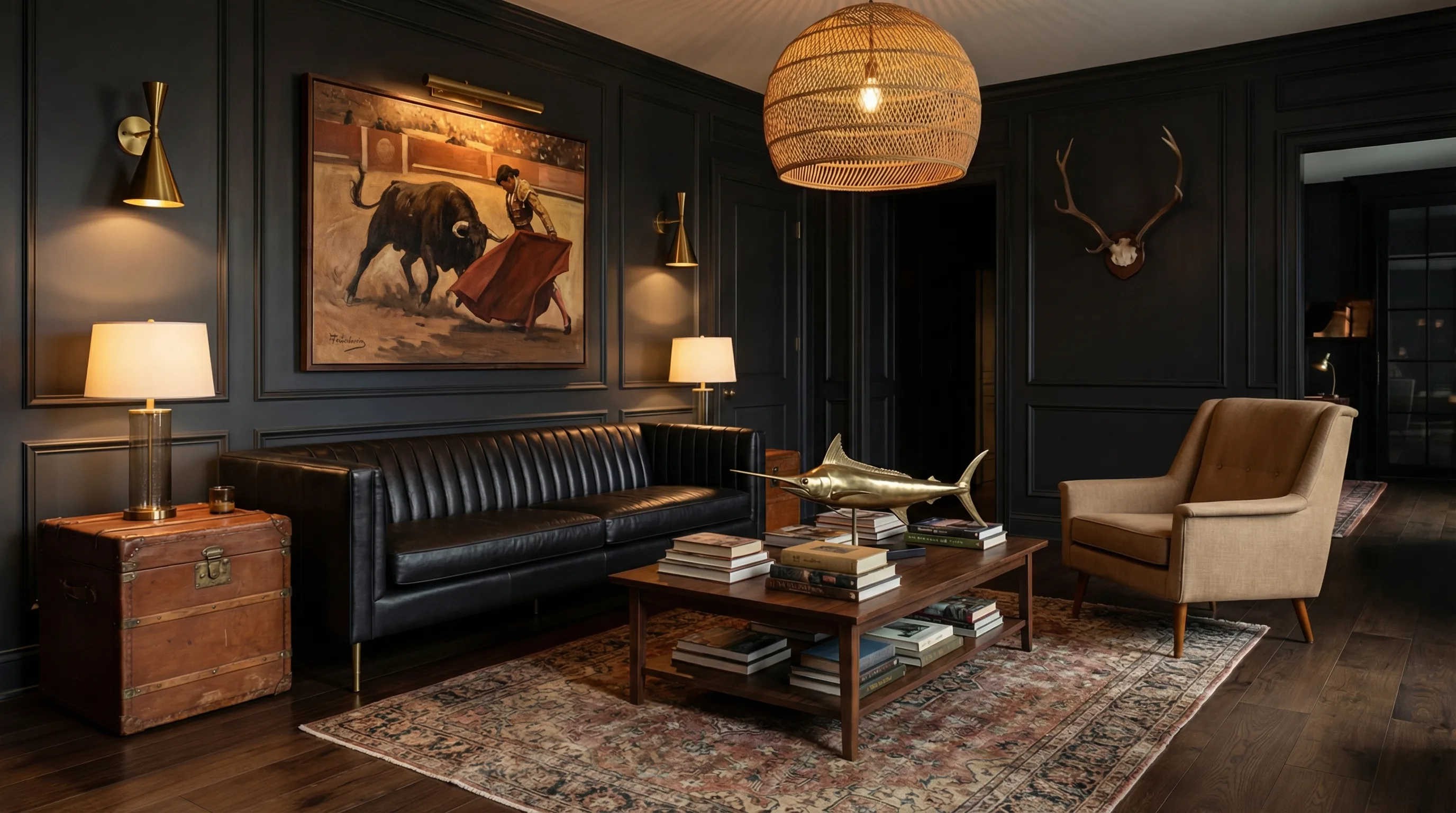 The Ernest Suite living room with black leather sofa, bullfight painting, and brass marlin sculpture