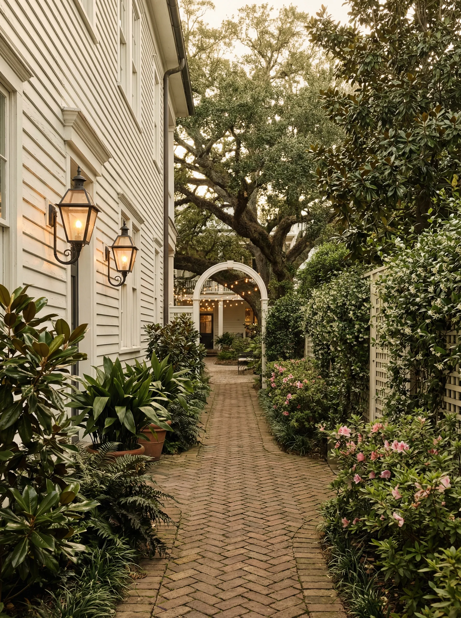 Brick garden path with gas lanterns
