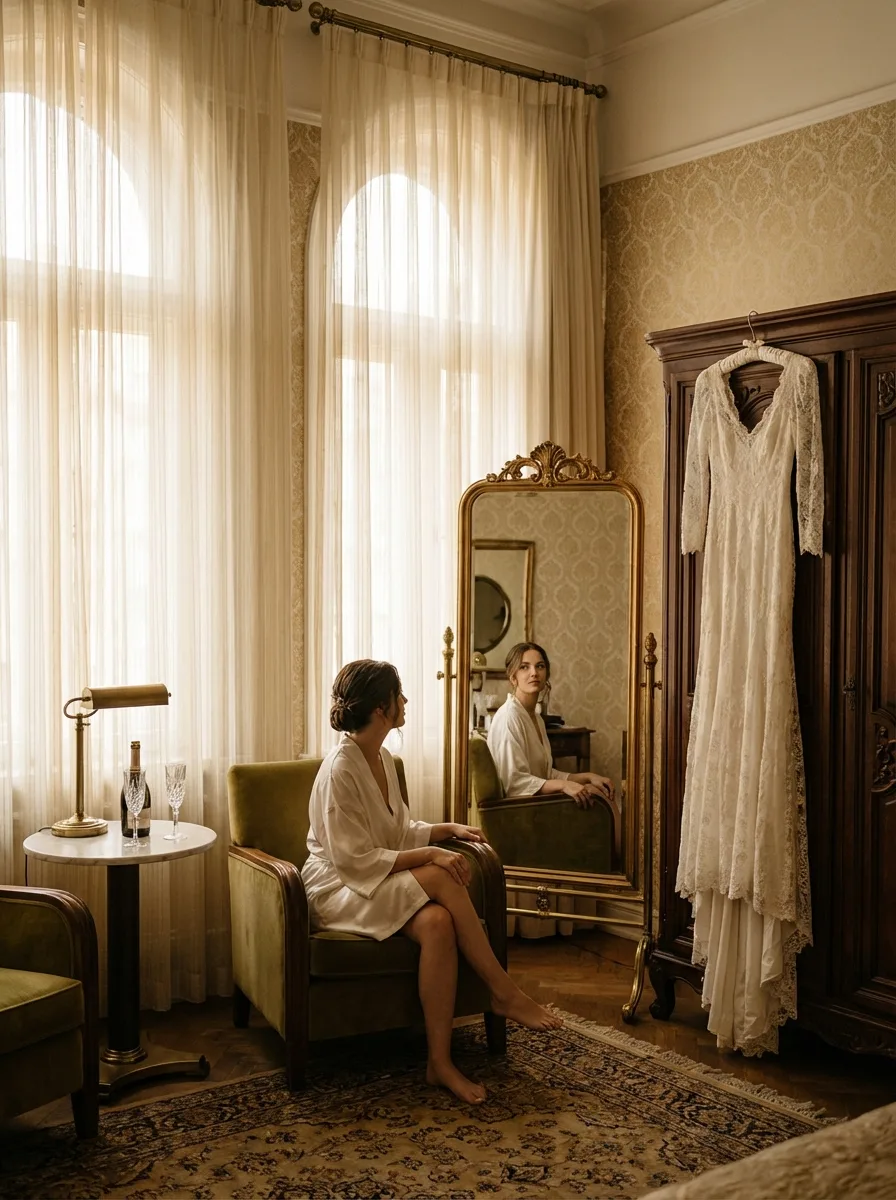 A bride getting ready in a vintage-inspired suite with natural light and champagne