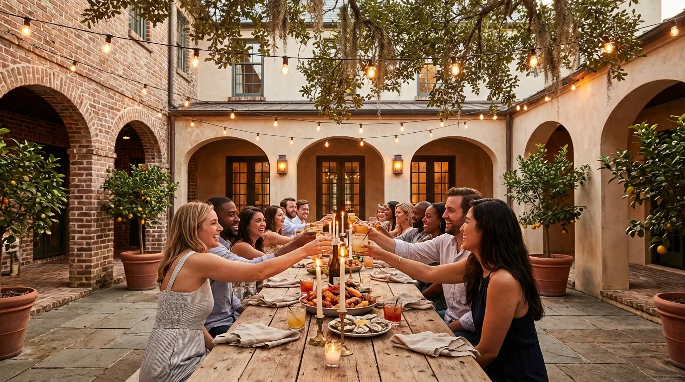 Friends laughing together on The Belvedere porch with drinks in hand