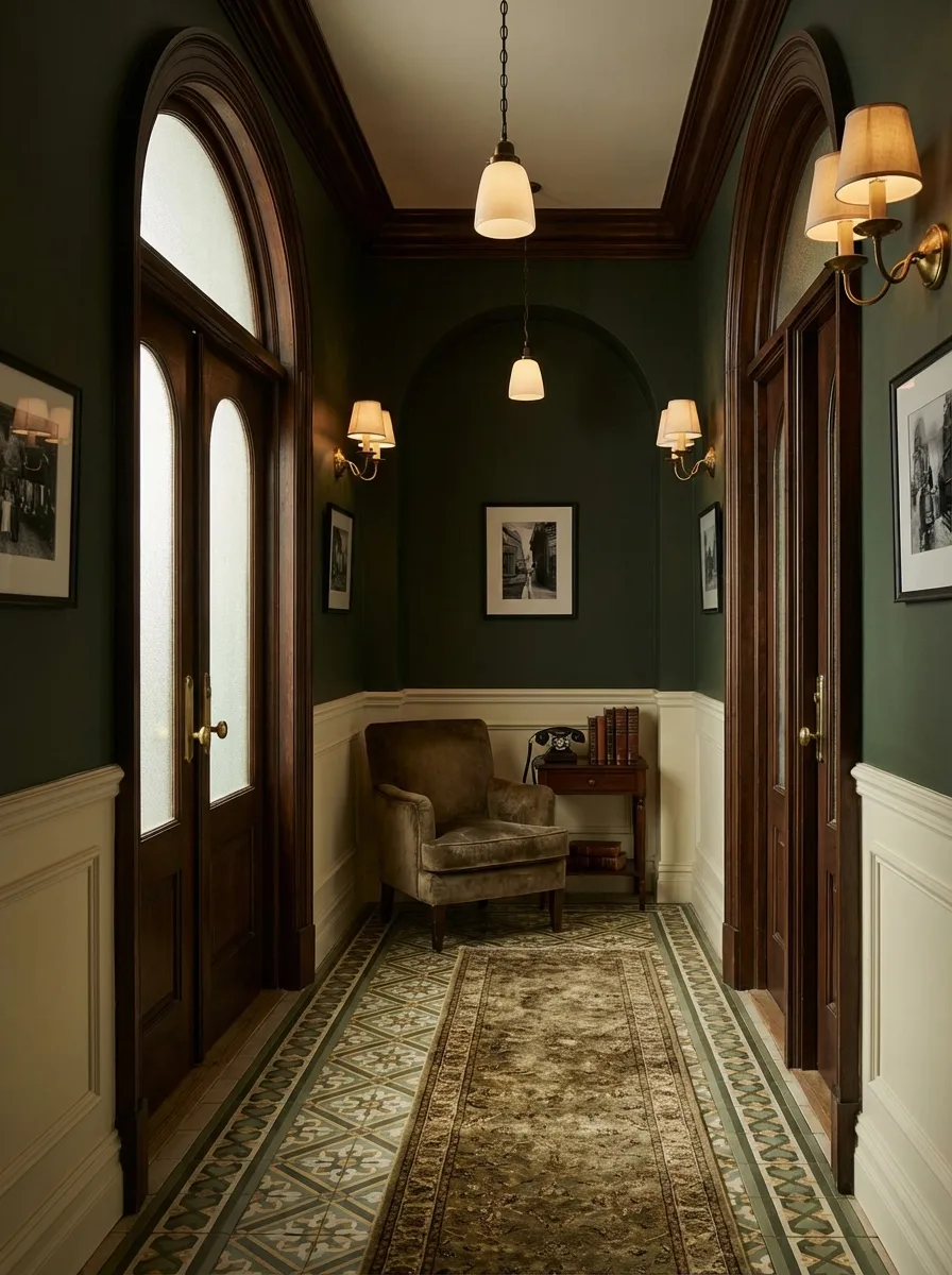 Interior hallway of The Belvedere Biloxi with warm vintage lighting
