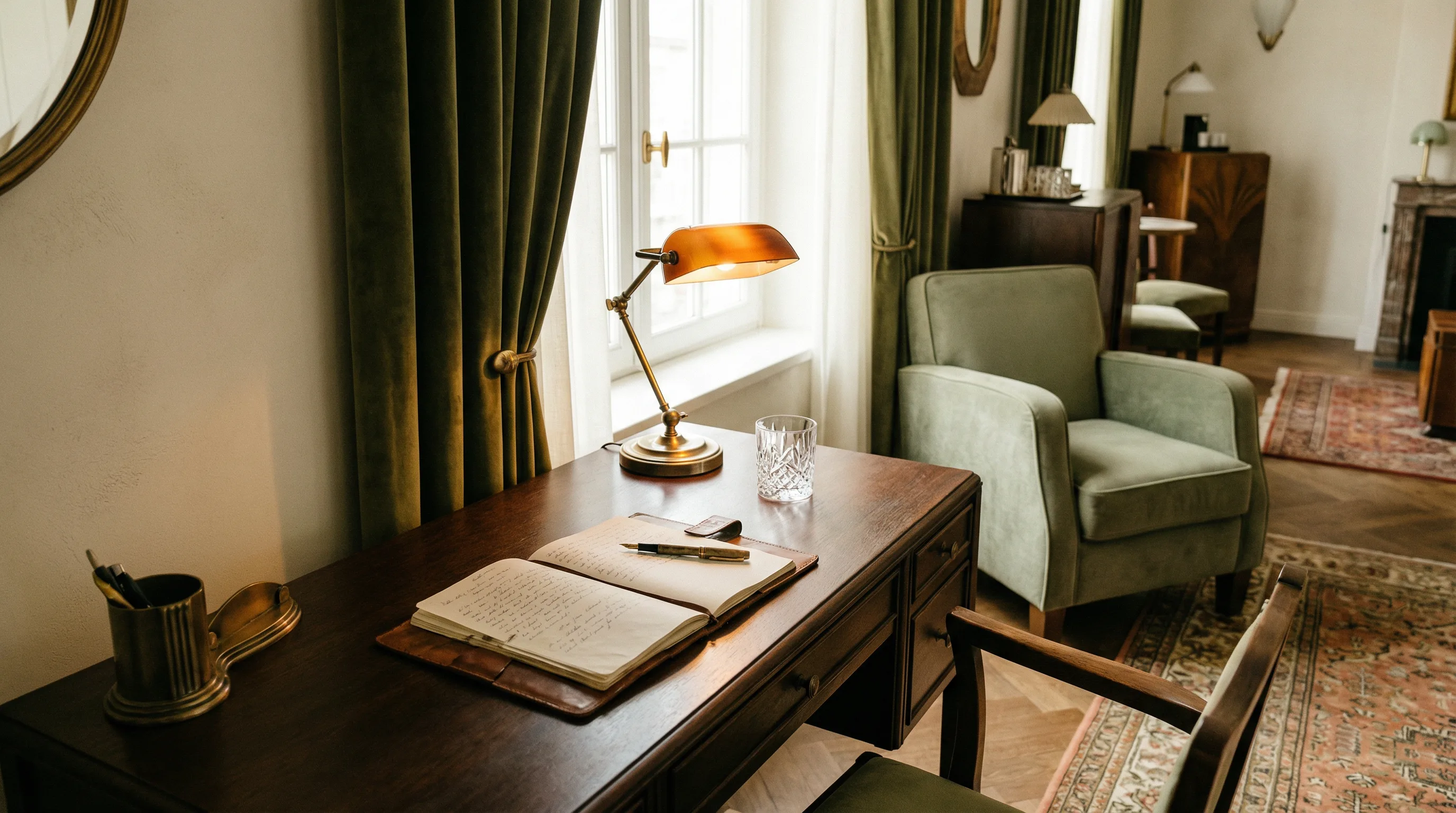 A writing desk with open journal, brass lamp, and olive velvet furnishings