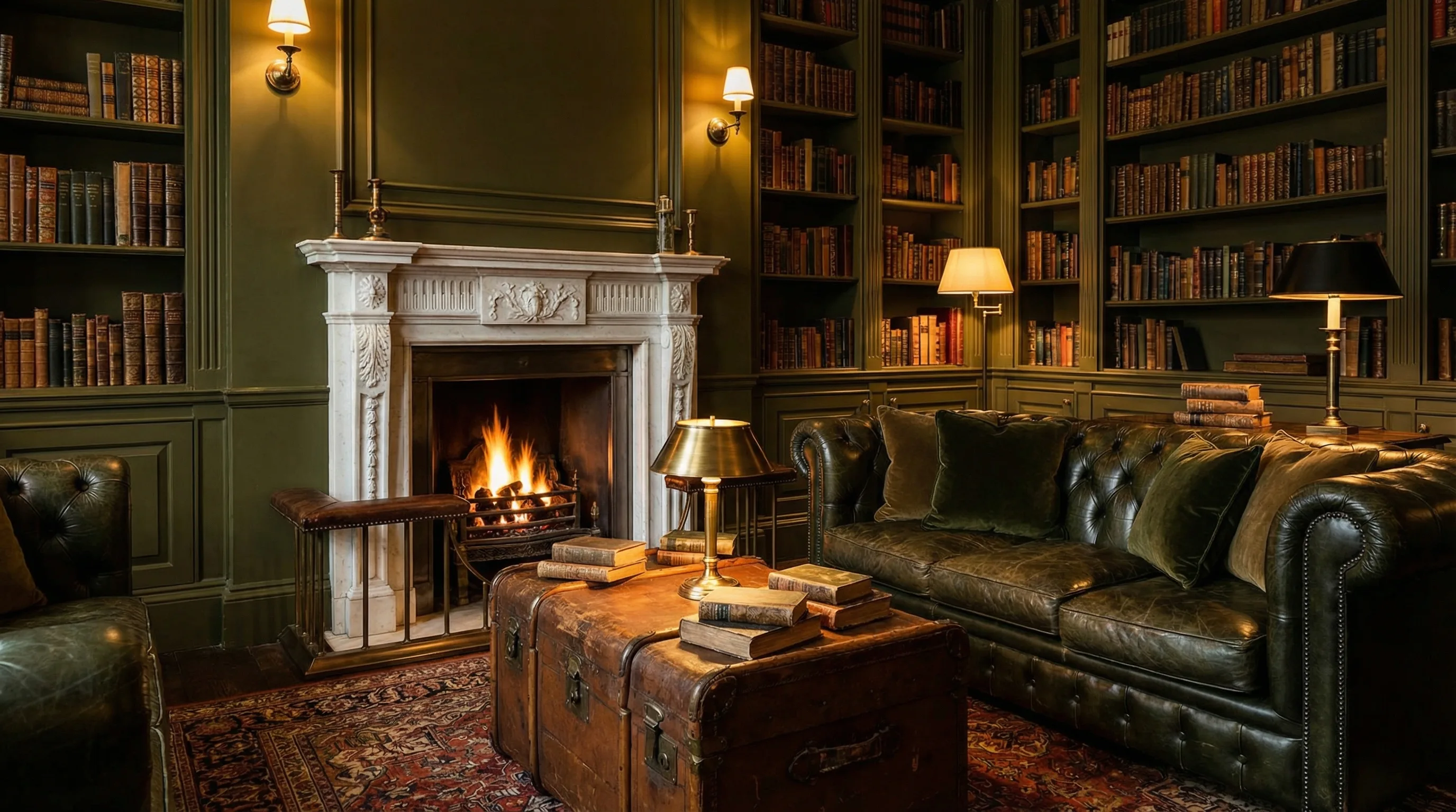 The library lounge with vintage furnishings
