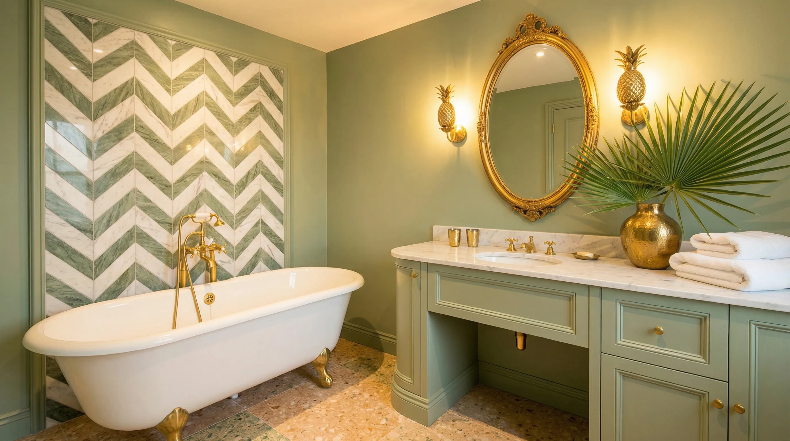 The Josephine Suite bathroom with sage green walls, chevron tile, and pineapple sconces