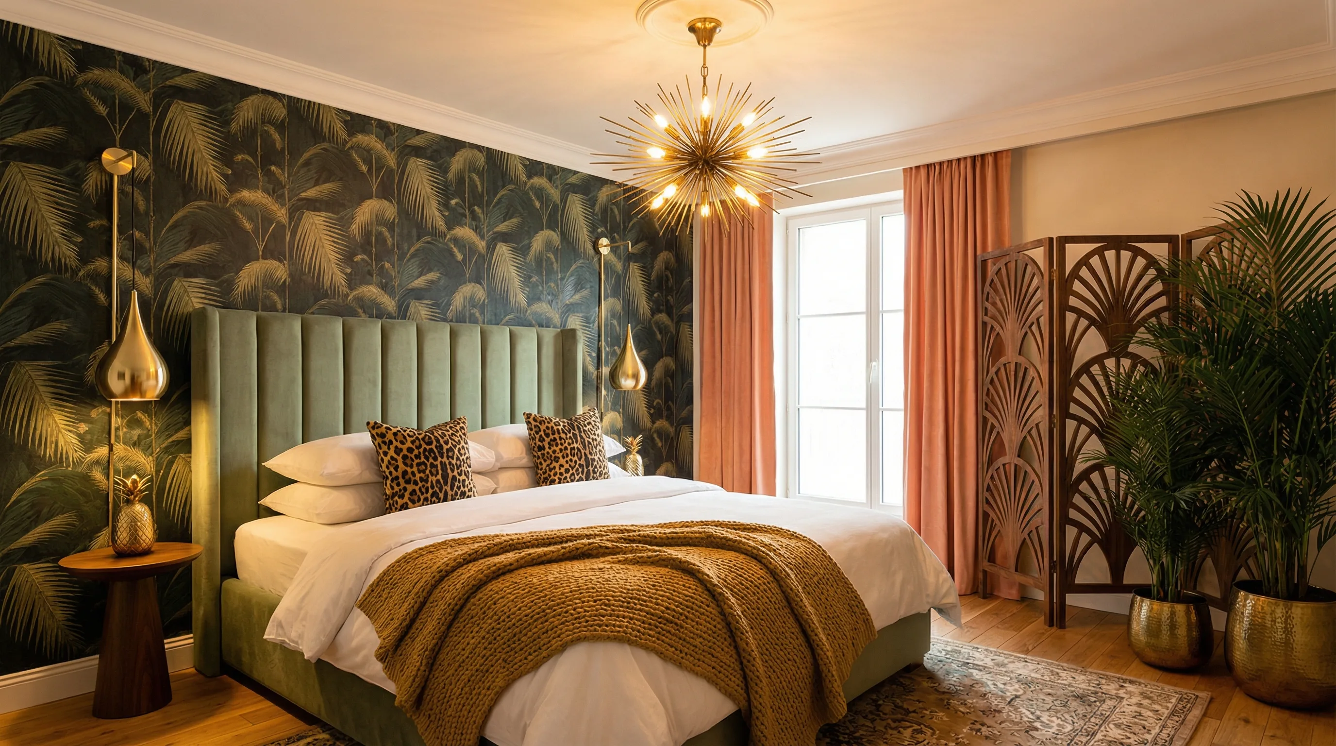 The Josephine Suite bedroom with forest green velvet headboard, gold pendants, and Rousseau jungle painting