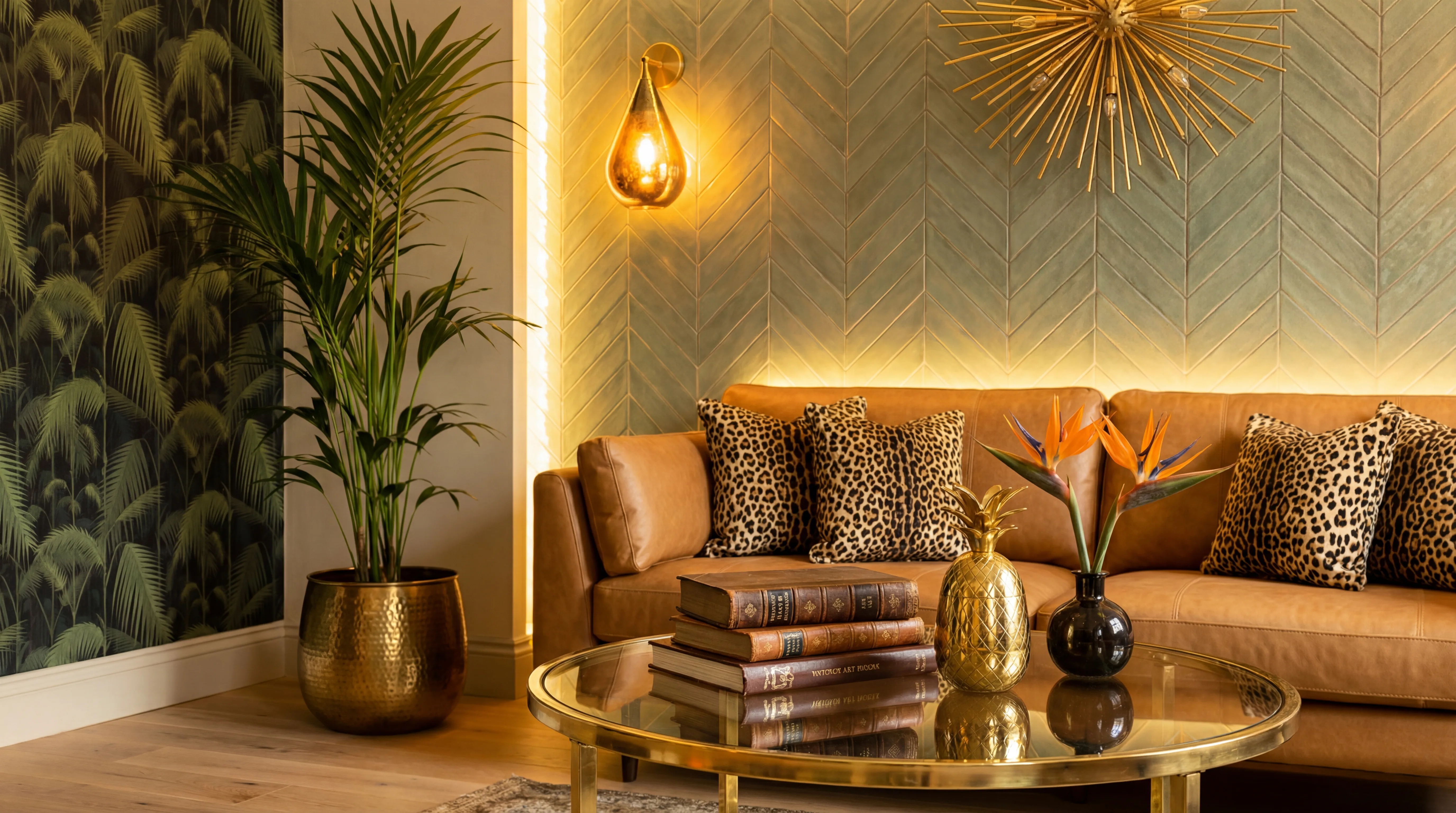The Josephine Suite living room with terracotta sofa, pineapple chandelier, and tropical botanicals