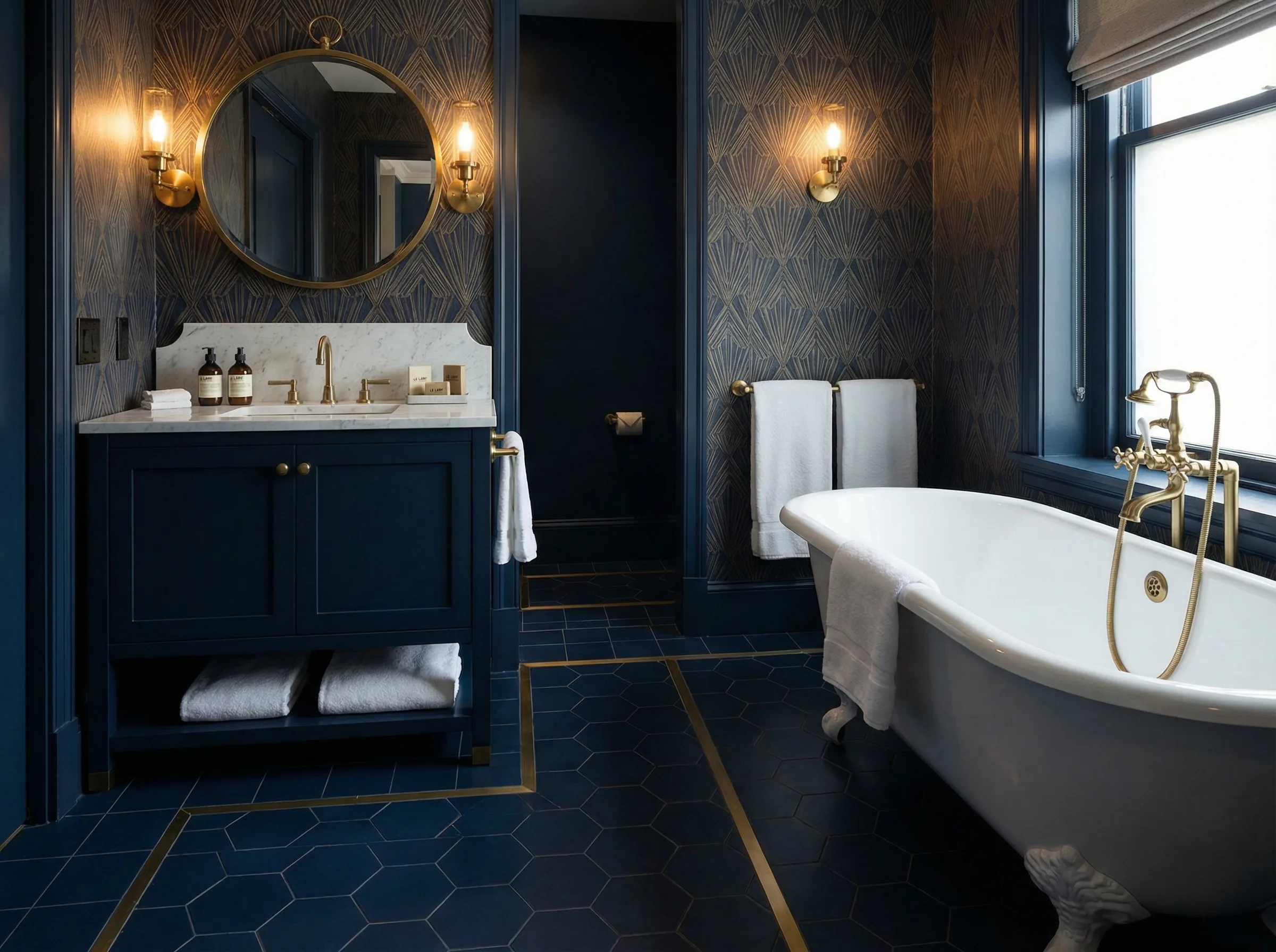 The Louie Suite bathroom with navy hex tile and clawfoot tub