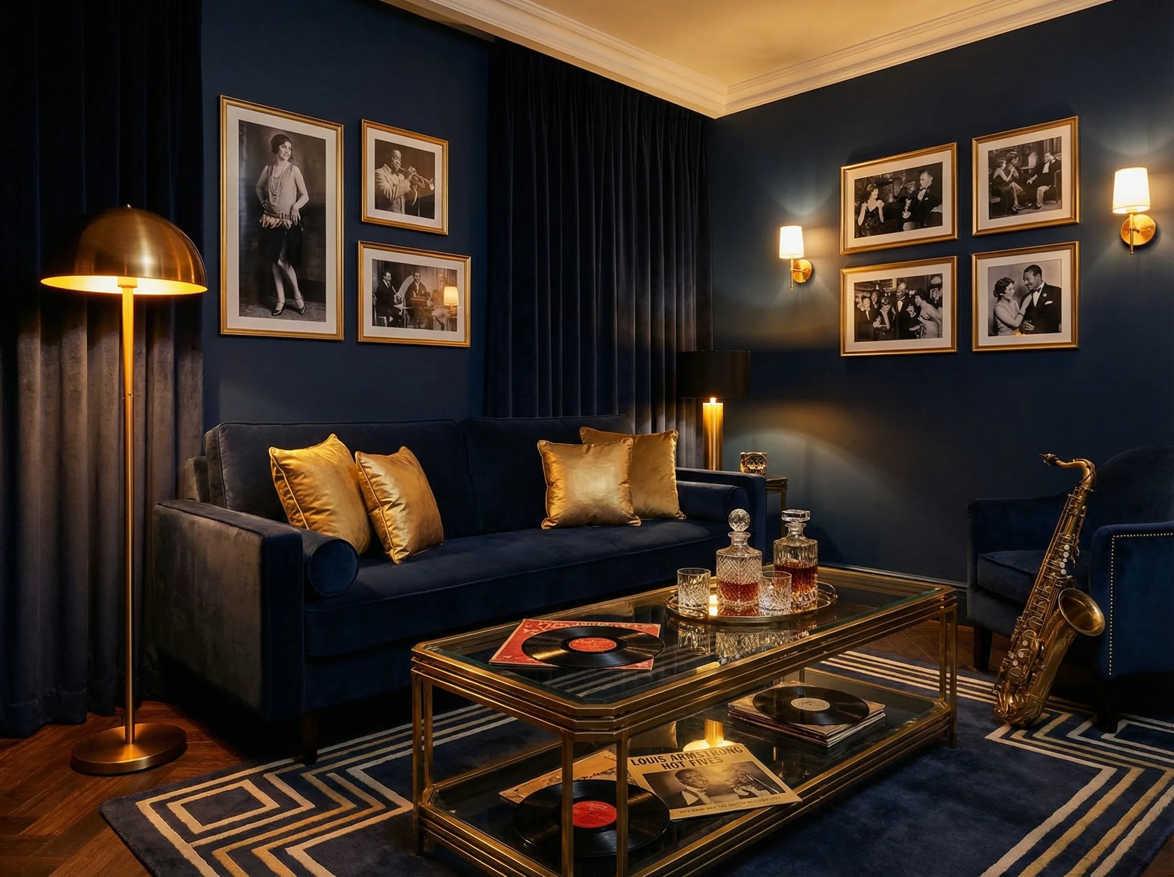 The Louie Suite speakeasy-inspired living room with cognac leather and vintage records