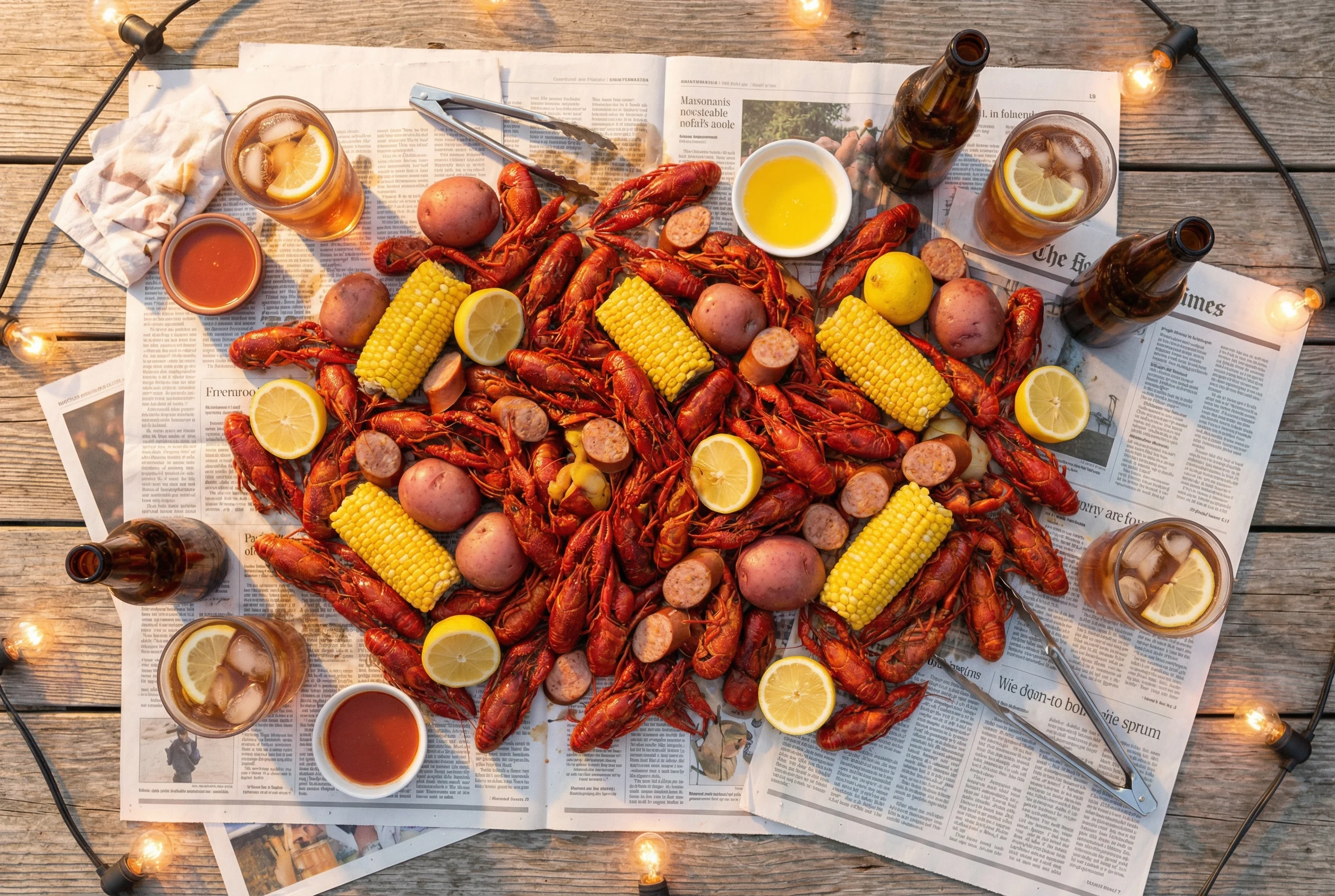 Overhead view of a crawfish boil spread on newspaper with corn, potatoes, sausage, and cold drinks surrounded by string lights