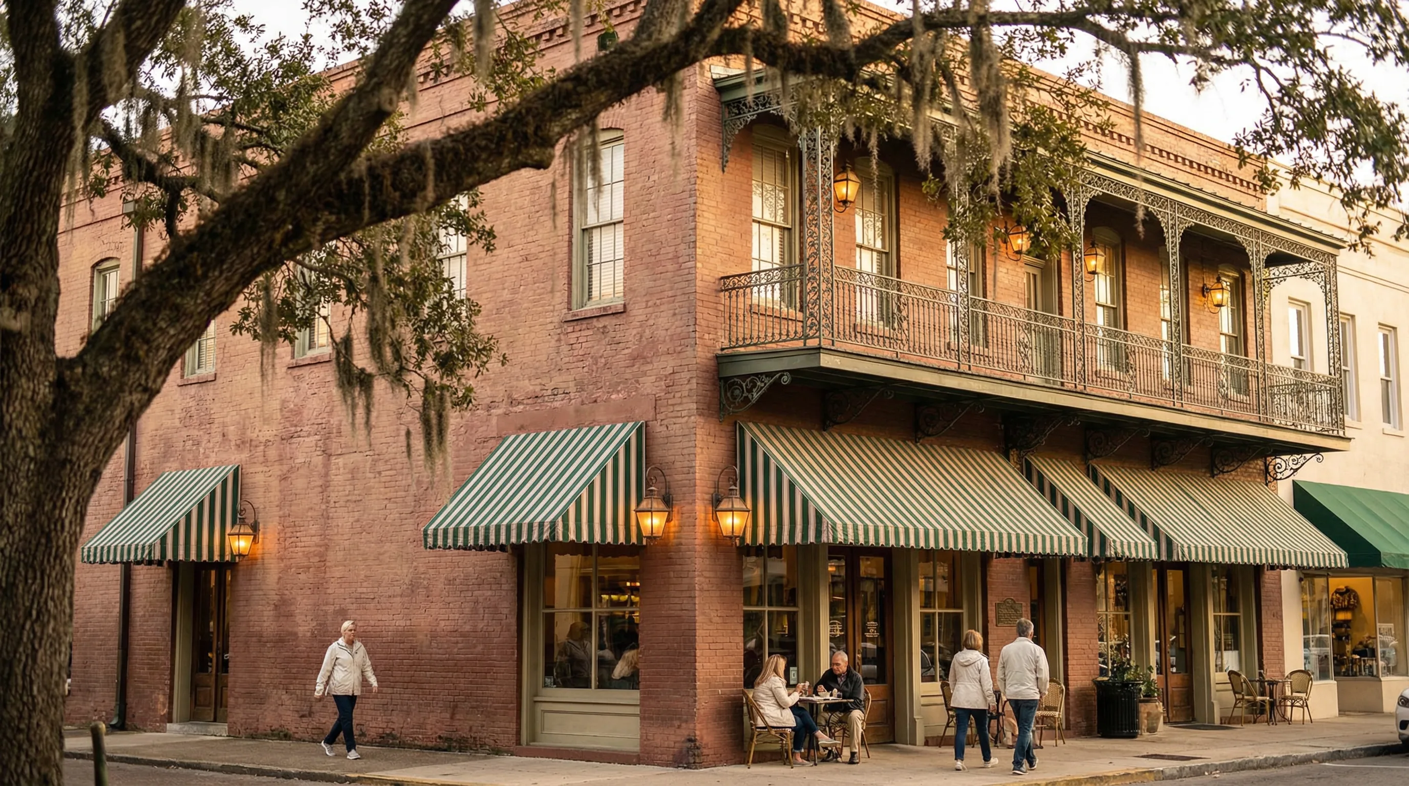 Warm welcome scene with coffee, fresh pastries, and a handwritten note on a linen-draped table in a sunlit boutique hotel foyer
