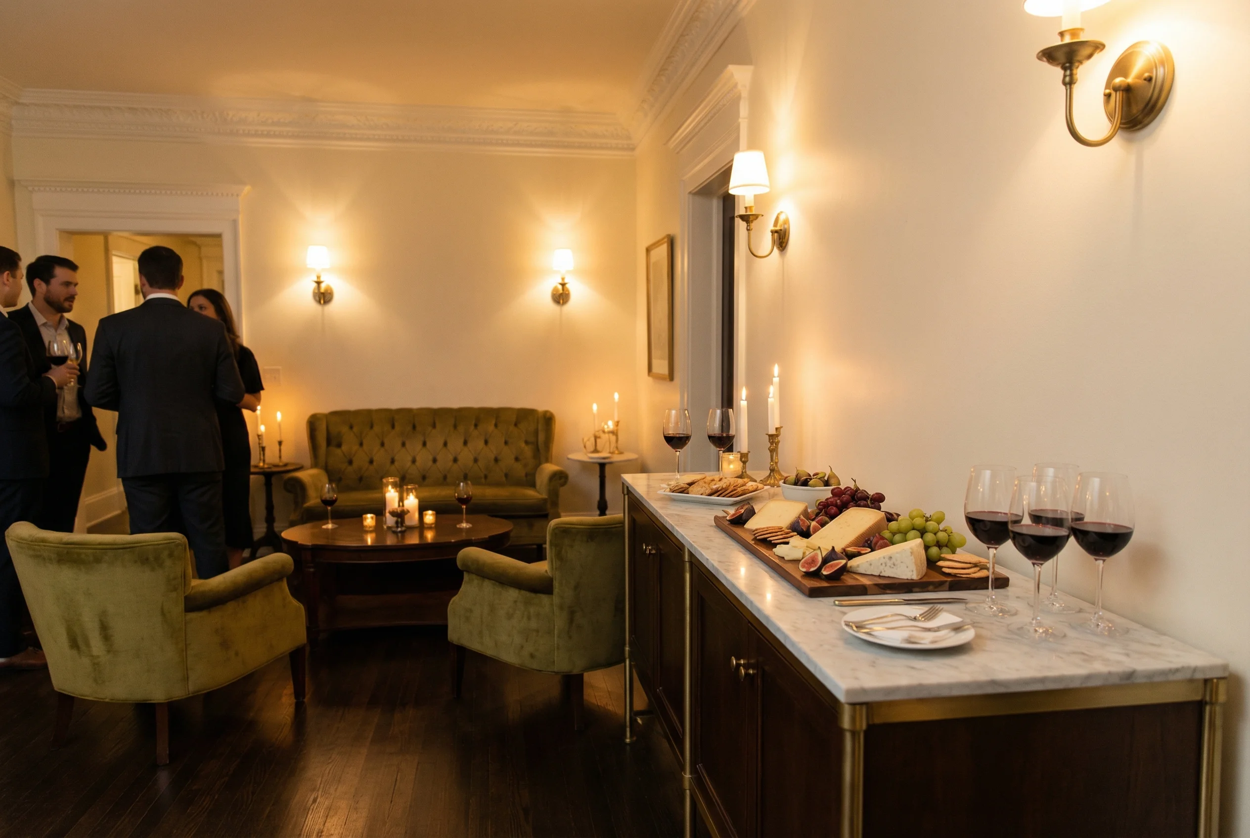 Elegant evening wine reception with warm candlelight, cheese board, and glasses of red wine in a 1920s boutique hotel lounge