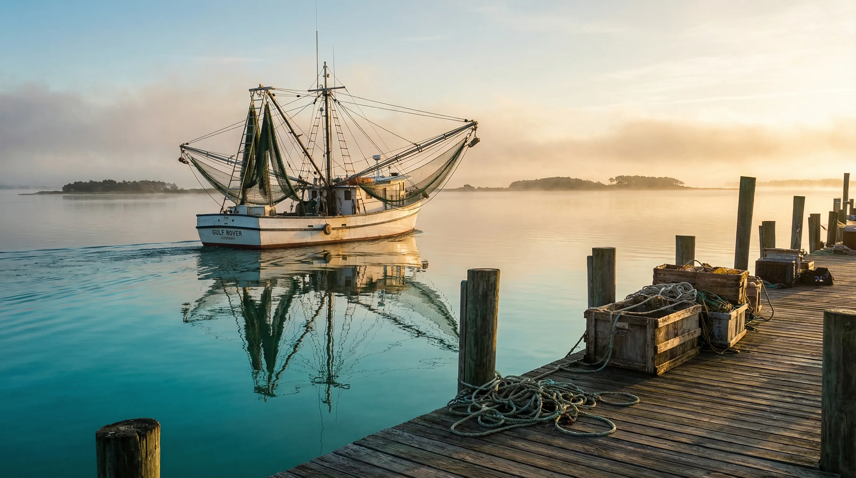 Gulf Coast shrimp boat on calm water at sunrise with barrier islands in background