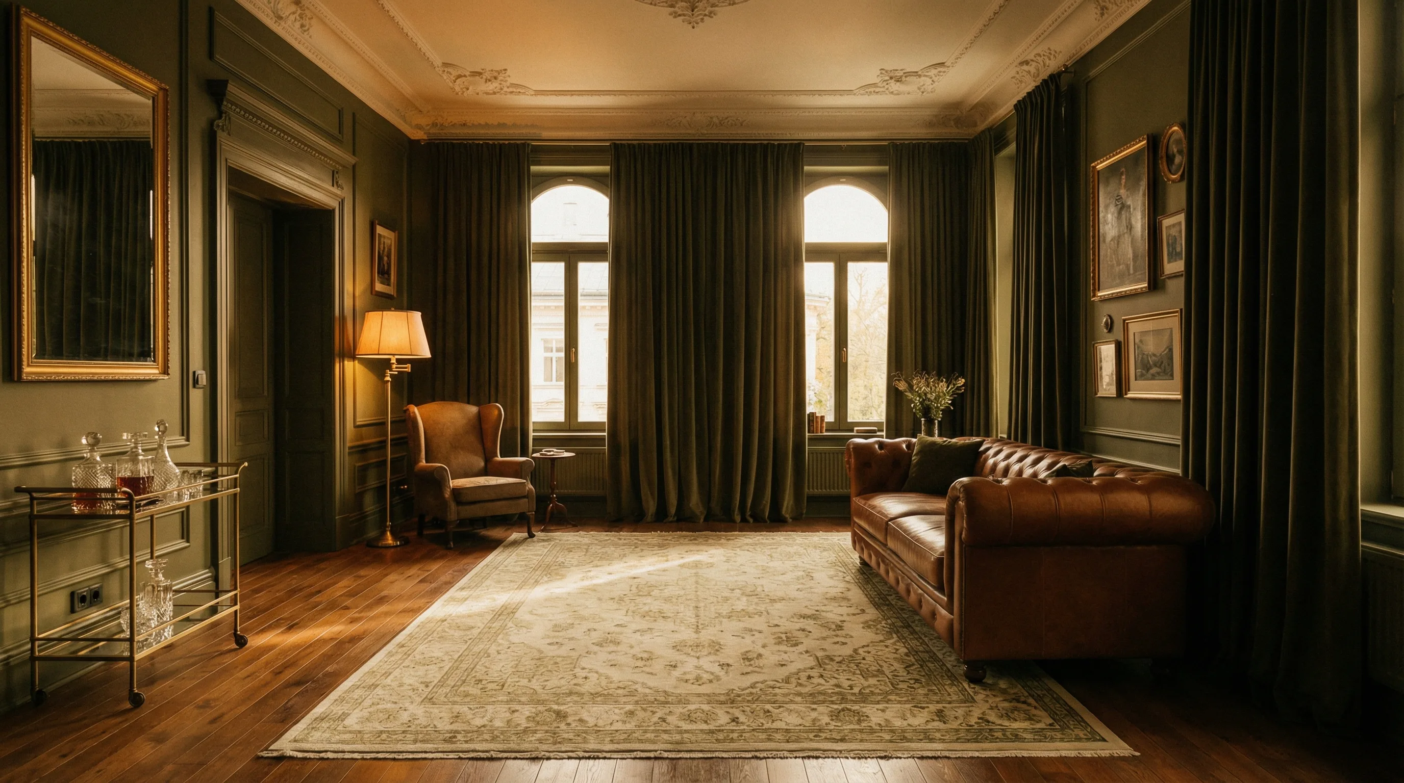 Luxury 1920s suite at The Belvedere Biloxi with olive walls, cognac leather, and golden light