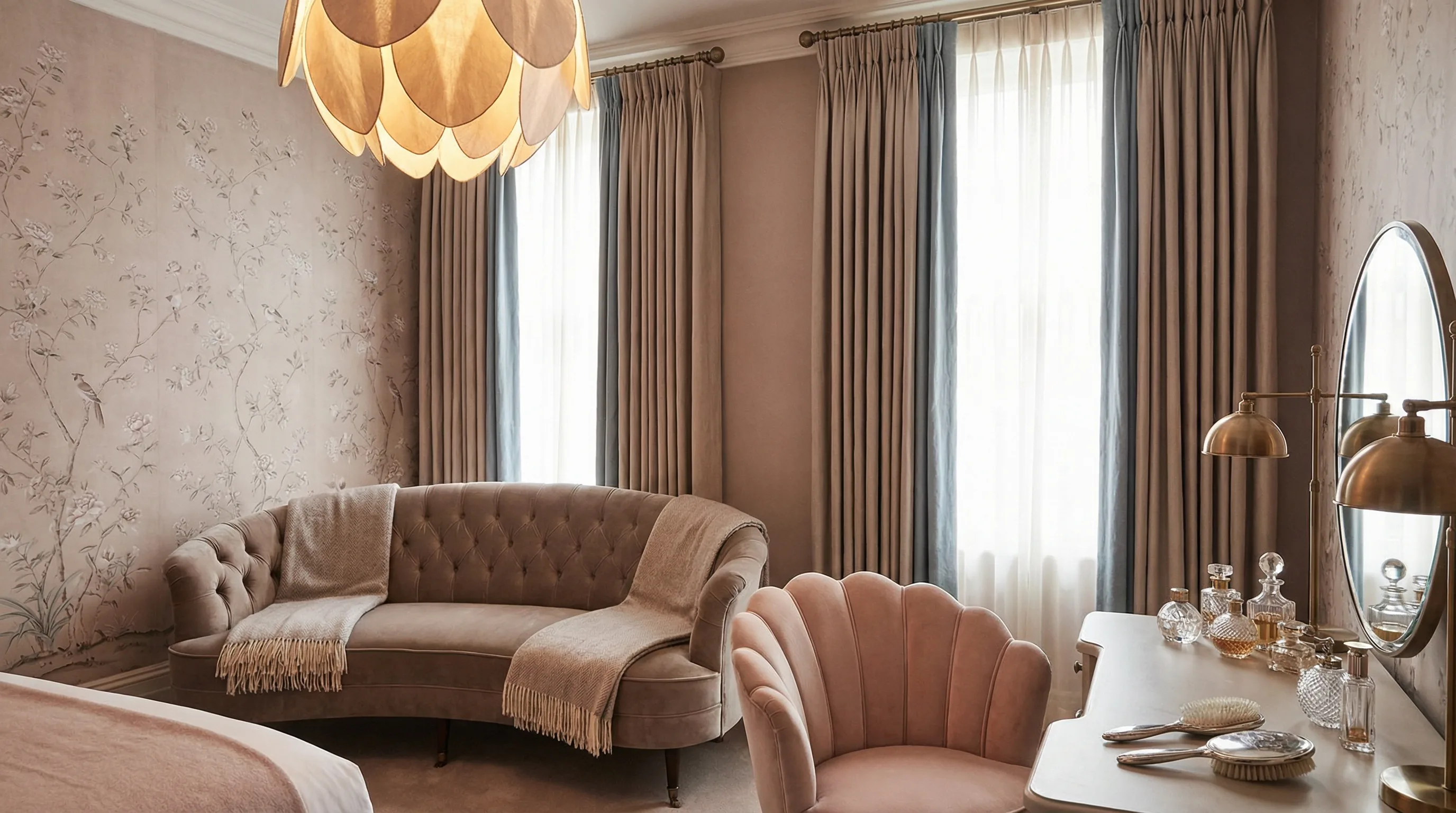 The Clara Suite — blush pink sitting room with floral wallpaper and shell chair