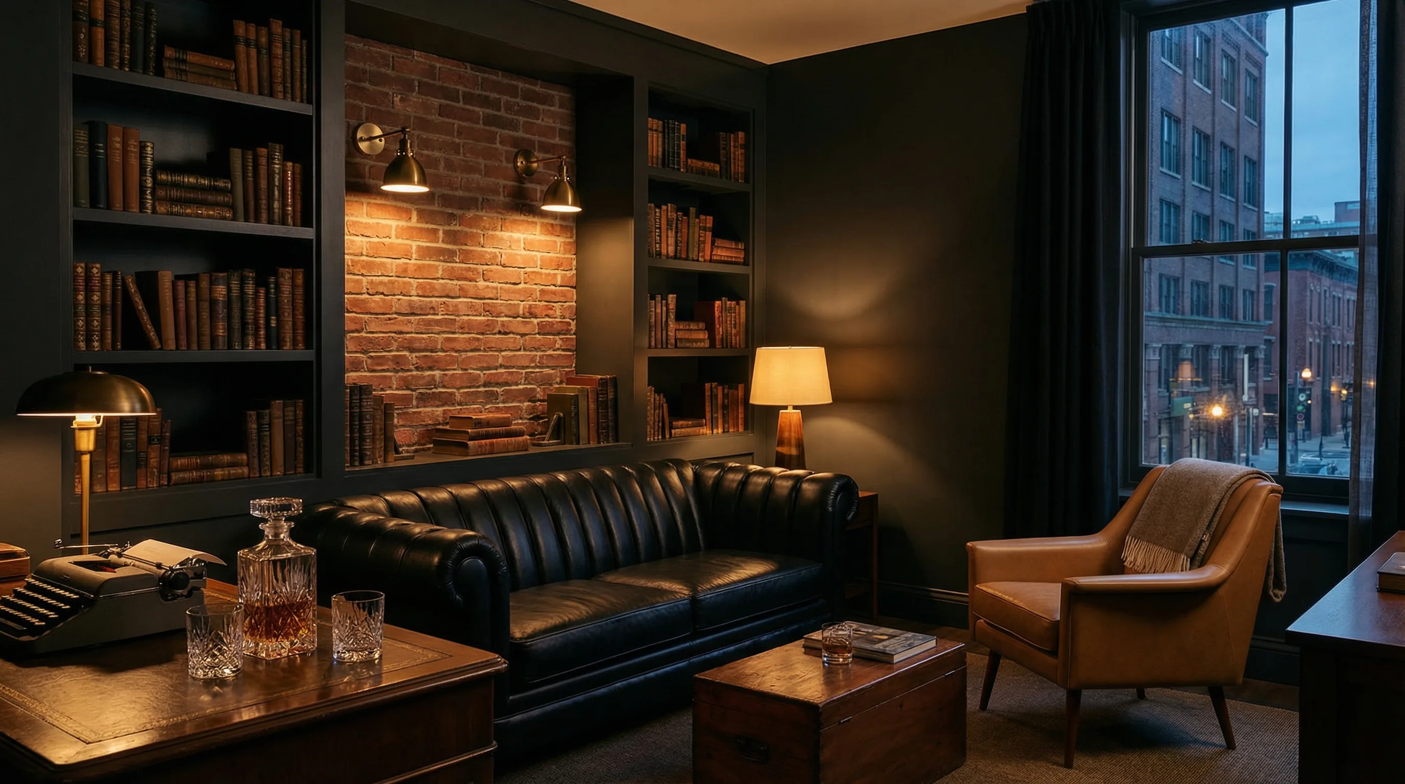 The Ernest Suite — moody study with leather sofa, exposed brick, and vintage typewriter