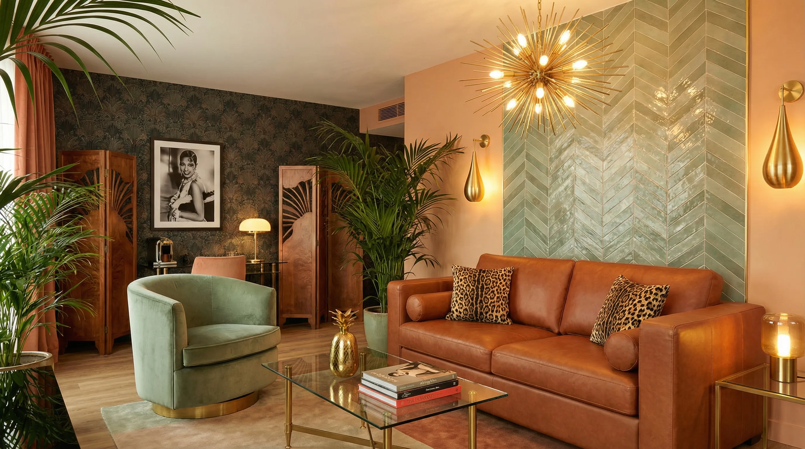 The Josephine Suite — jungle-themed room with cognac leather and sputnik chandelier