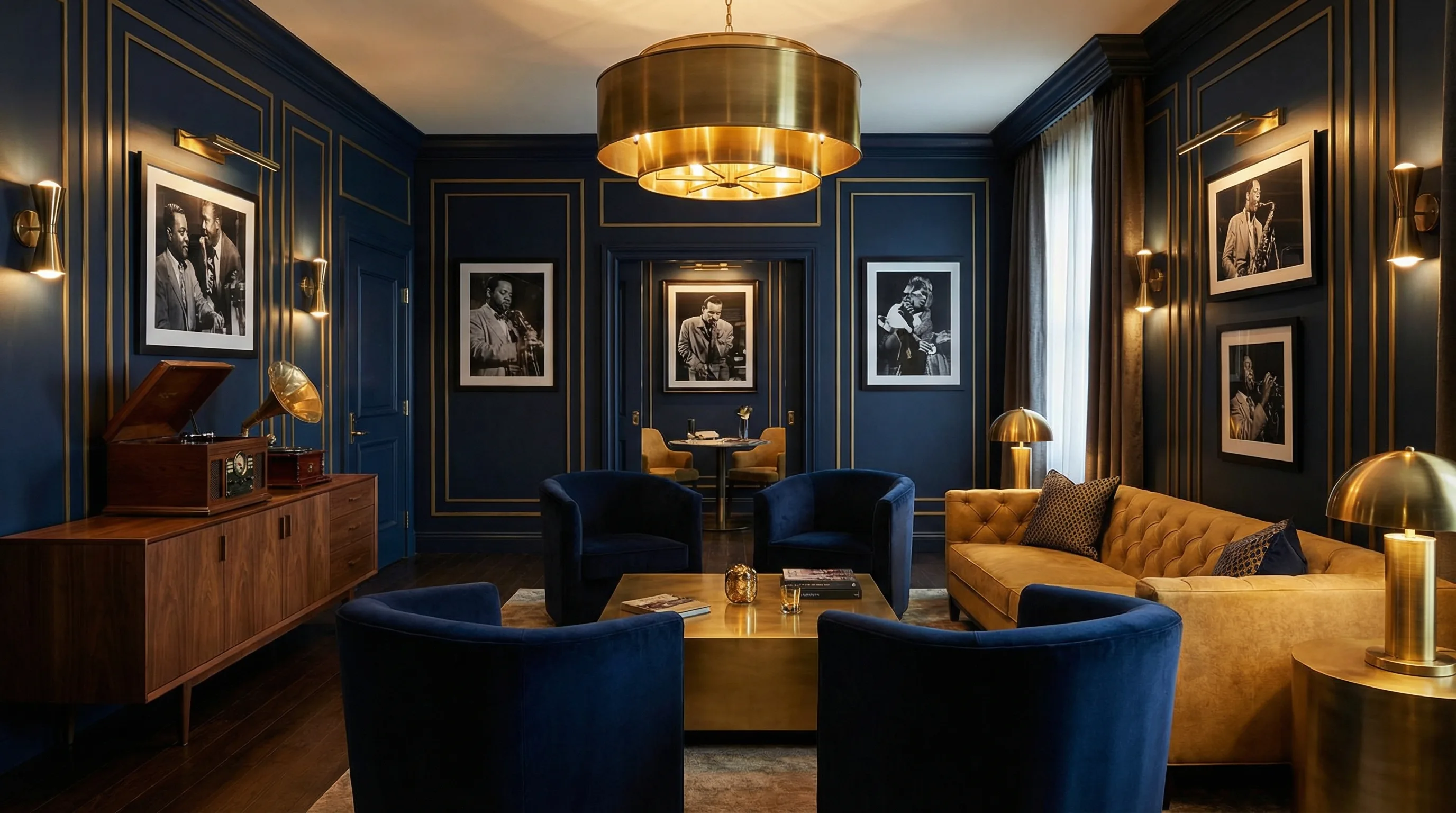 The Louie Suite — navy velvet seating with brass accents and Mondrian art