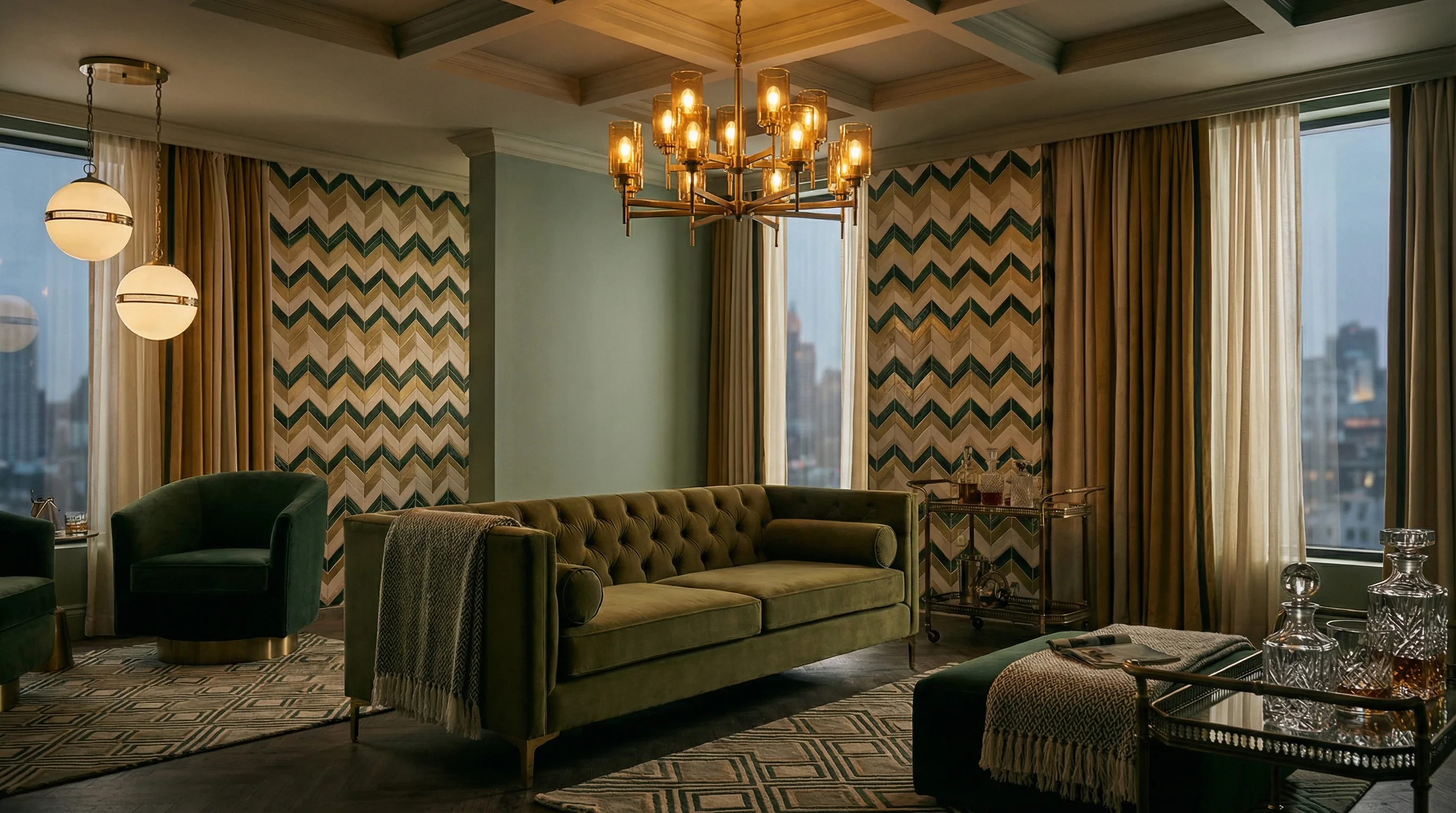 The Zelda Suite — art deco lounge in olive velvet with geometric metalwork